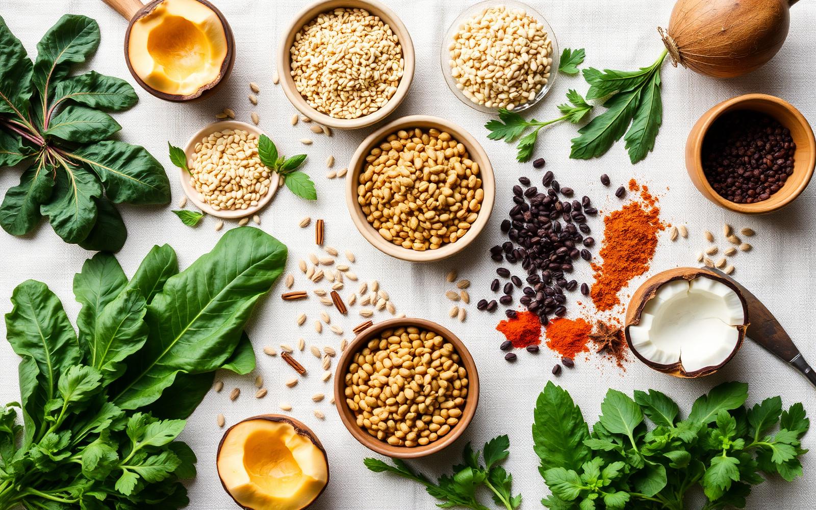 Overhead of fresh greens, grains and spices